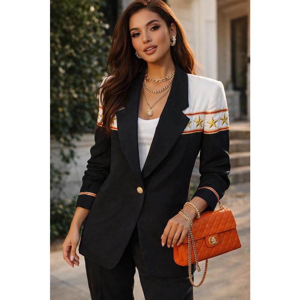 Vintage Black & White Star Embroidered Blazer Jacket Gold Trim Structured Retro